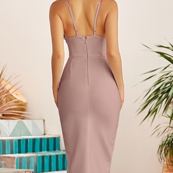 NEW! DESIGNER BEIGE BANDAGE DRESS ELEGANT COUTURE DRESS THIGH SLIT THIN STRAPS - Picture 5 of 6